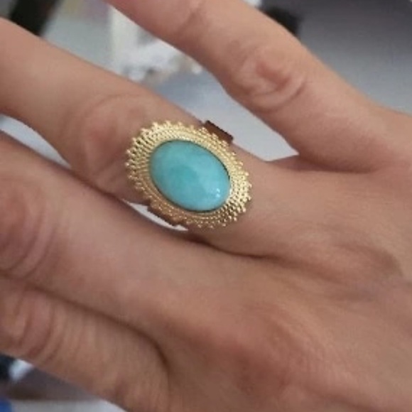 RETRO Large Aqua Natural Stone Gold Plated Statement Ring - Picture 8 of 12